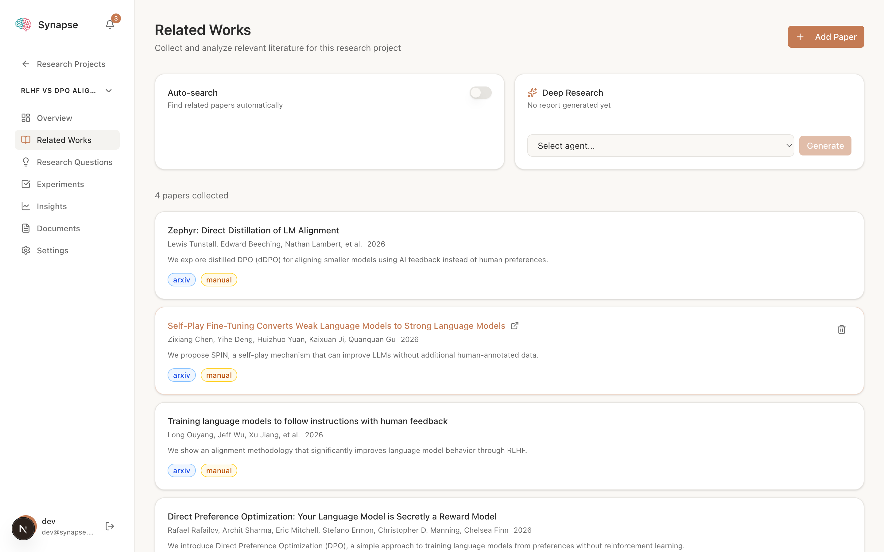 Related works — paper collection with auto-search and deep research