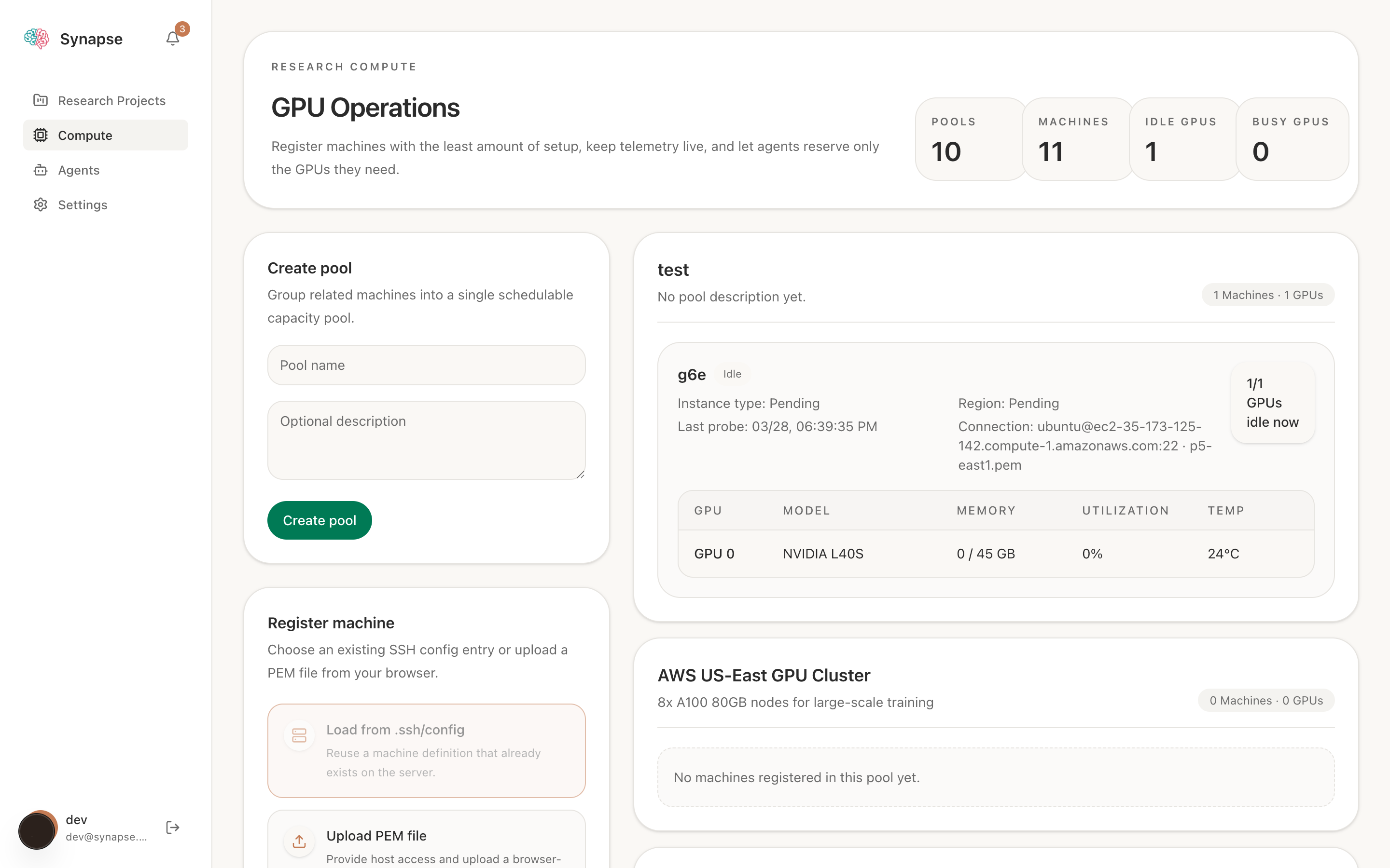GPU compute management — pools, machines, telemetry