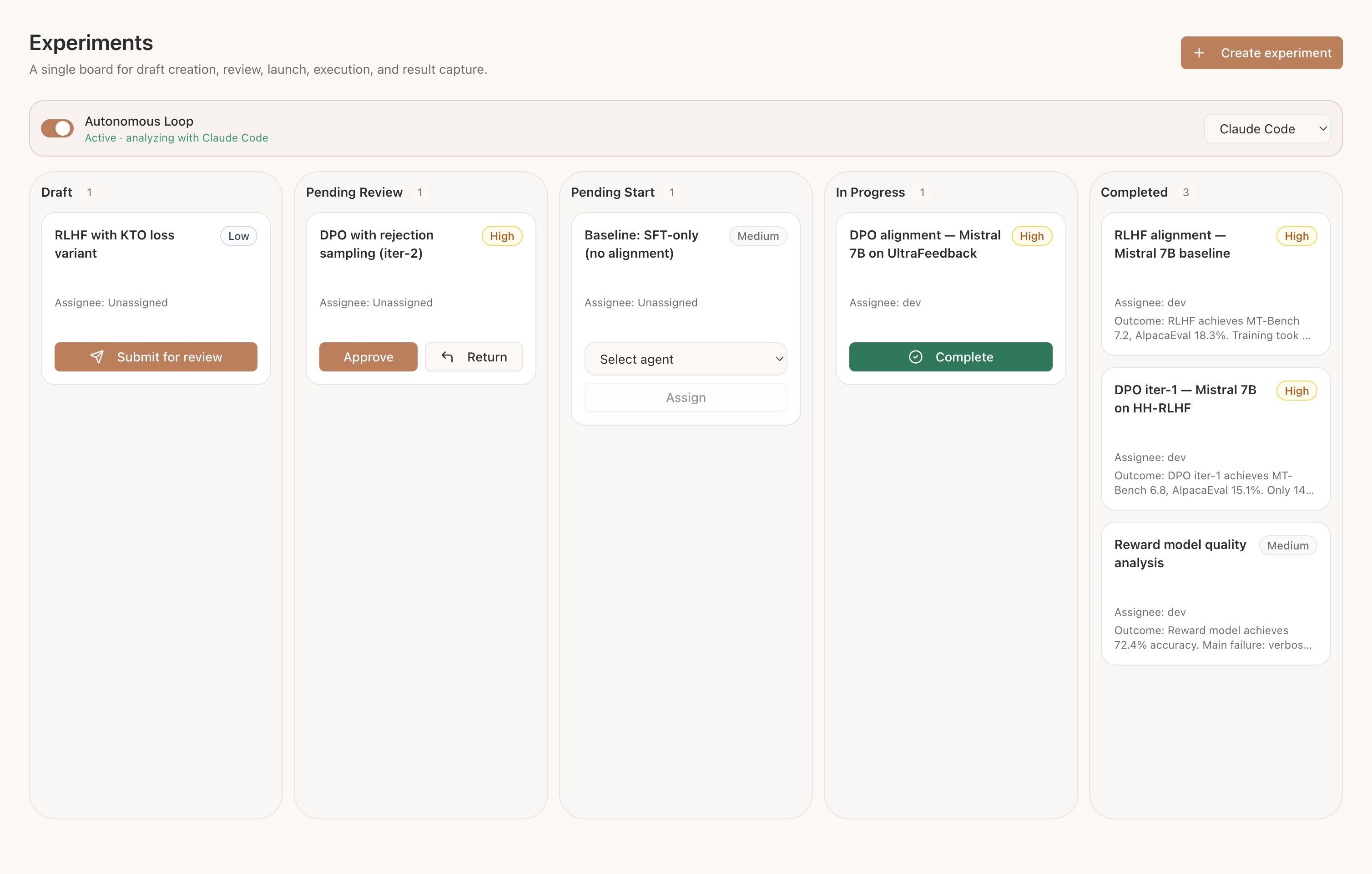 Experiment board — five-column Kanban with autonomous loop toggle